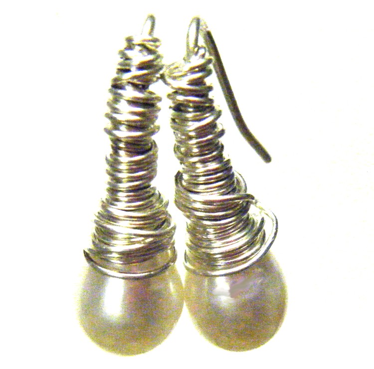 White AAA Drop Pearls with Silver Wire and Diamonds